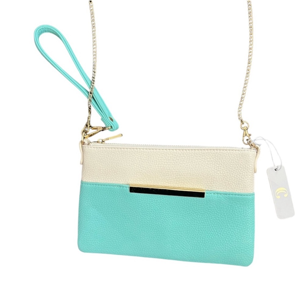 NWT Charming Charlie Faux Leather Purse Teal White Cross Body Wristlet